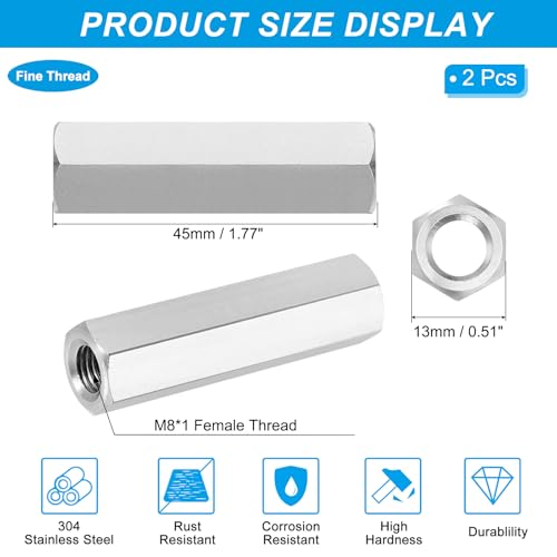 PATIKIL M8x1 Pitch 304 Stainless Steel Hex Coupling Nuts, 2 Pcs 45mm / 1.77" Length Fully Threaded Rod Coupling Nut Studding Connector Fasteners, Silver Tone - size: M8-1 x 45mm