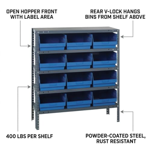 Quantum Storage 1239-209 Store-More Steel Shelf Bin Organizer System, 12 6"H Hopper-Front Bins, 5-Shelf Unit, 400 lb Per Shelf, for Warehouse, Shop, Garage & Stockroom, 12"D x 36"W x 39"H, Blue - size: 39" H x 36" W x 12" D, style: 12" L x 12" W x 6" H 12
