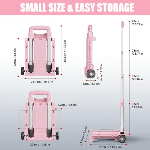 Mini Small Folding Hand Truck Dolly with 2 Tank Wheels, Expandable Base Plate Utility Luggage Cart with 1 Elastic Ropes, Portable Dolly Cart for School Travel Office Moving - color: Pink