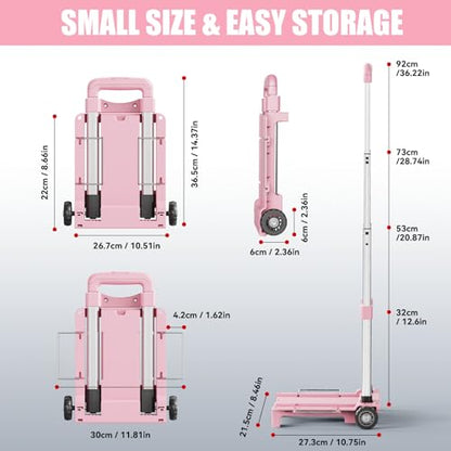 Mini Small Folding Hand Truck Dolly with 2 Tank Wheels, Expandable Base Plate Utility Luggage Cart with 1 Elastic Ropes, Portable Dolly Cart for School Travel Office Moving - color: Pink