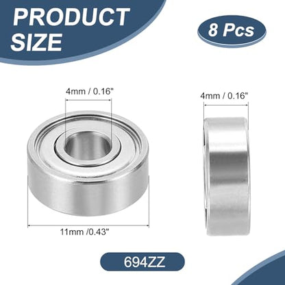 uxcell 8 Pack 694ZZ Deep Groove Ball Bearings, 4x11x4mm Chrome Steel Double Shield Bearing for Electric Motor, Home Appliances, Garden Machinery, (ABEC5) - size: 694ZZ