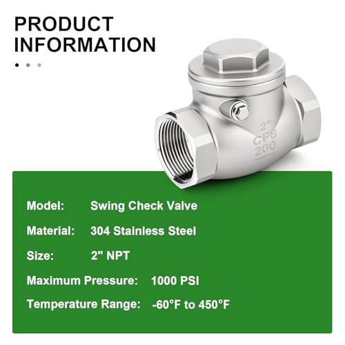 TAISHER 1PCS 304 Stainless Steel 2" NPT Female Swing Check Valve，Backflow Prevention, One Way Check Valve CF8 WOG 1000 - size: 2" NPT
