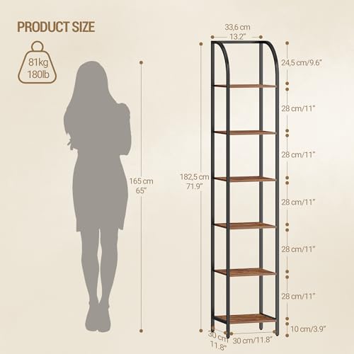 Hzuaneri Bookshelf Narrow Bookcase, Tall Storage Rack with Steel Frame - color: Rustic Brown, size: 11.8 × 13.2 × 71.9 inch