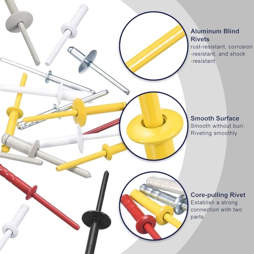 uxcell 50Pcs 3/16" x3/4" Aluminum Blind Rivets, Dome Head Multi Grip Aluminum Steel Mandrel Rivets Fasteners for Metal, Furniture, Automotive, Yellow - color: Yellow