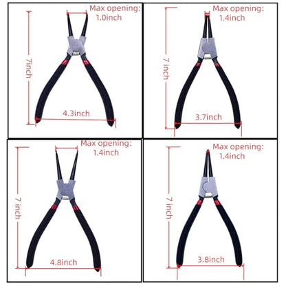 4PC 7" Snap Ring Pliers Set, Internal/External Circlip Pliers Kit with Straight+Bent Jaw Tips, Heavy Duty C Clamp Pliers for Automotive Tools