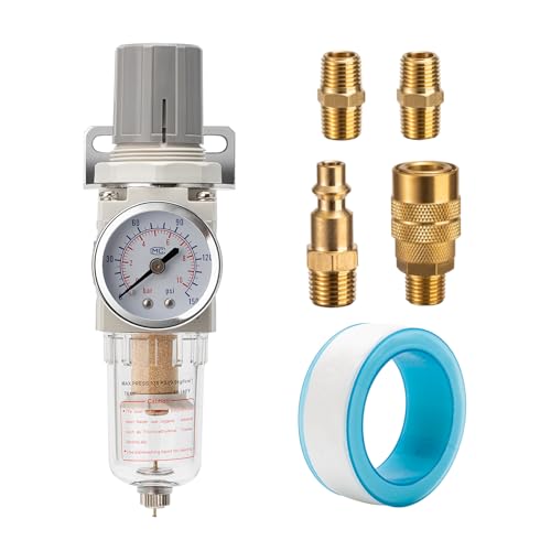 Pneumatic Air Compressor Filter Regulator Combo 1/4" NPT 150 PSI w/Adjustable Gauge-Water Separator,Metal Bracket,Manual Drain,5 Micron Brass Cartridge - size: 1/4NPT