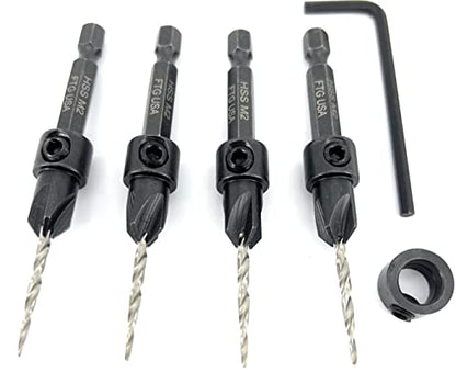 FTG USA #4 (7/64") Wood Countersink Drill Bit 4-Pc Set with 3/8" Depth Stop - size: #4, style: 4 Pc with Depth Stop