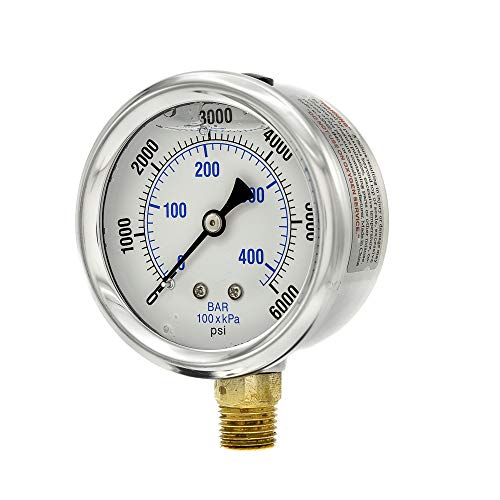 PIC Gauges PRO-201L-254S 0-6000 PSI Pressure Gauge, 2 1/2" Dial, 1/4" Male NPT Connection, Bottom Mount, Dual Scale, Glycerin Filled, Stainless Steel Case/Bezel, Brass Internals & Plastic Lens, 0/15 - style: 0-6000 PSI