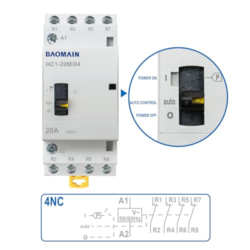 BAOMAIN 110V 4-Pole 20A Manual/Auto AC Contactor, 4NC, DIN Rail Mount