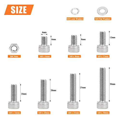 HELIFOUNER 350 Pieces M4 x 6mm /8mm /12mm /16mm /20mm /25mm /30mm, Hex Socket Head Cap Screws Bolts Washers Nuts Kit, 304 Stainless Steel - size: M4, style: Socket Head Screws
