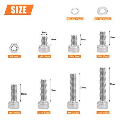 HELIFOUNER 350 Pieces M4 x 6mm /8mm /12mm /16mm /20mm /25mm /30mm, Hex Socket Head Cap Screws Bolts Washers Nuts Kit, 304 Stainless Steel - size: M4, style: Socket Head Screws