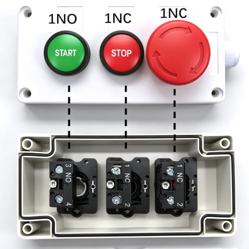 mxuteuk Momentary Start Stop Switch Push Button + 1NC Red Mushroom Latching Emergency e Stop Switch Station Box Pushbutton Switch HZ-JTSS - color: Red & Green/HB2-Start Stop, size: 1NC 1NO