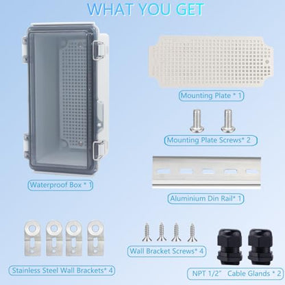IP67 Waterproof Junction Box, ABS Plastic Electrical Enclosure with Stainless Steel Latch, Hinged Cover Electric Box with Mounting Plate, Wall Brackets & Cable Glands 200x100x110 - color: Clear, size: 7.9"x3.9"x4.3"