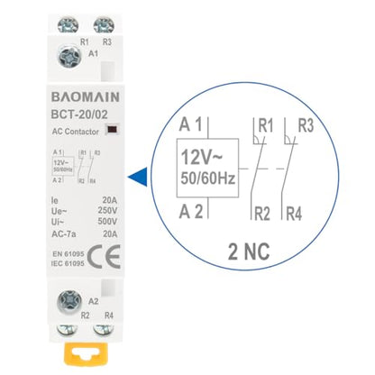 BAOMAIN 12V AC 2-Pole 20A Modular Contactor, 2NC, DIN Rail Mount