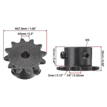 uxcell #25 Chain Roller Sprocket, 5mm Bore 1/4" Pitch 12 Tooth Single Strand Chain Sprocket, C45 Carbon Steel 25 Roller Chain Sprocket with Set Screws for ISO 04C Chain, 2Pcs - size: 27.5mmx5mm