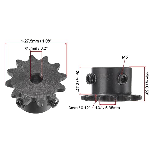 uxcell #25 Chain Roller Sprocket, 5mm Bore 1/4" Pitch 12 Tooth Single Strand Chain Sprocket, C45 Carbon Steel 25 Roller Chain Sprocket with Set Screws for ISO 04C Chain, 2Pcs - size: 27.5mmx5mm