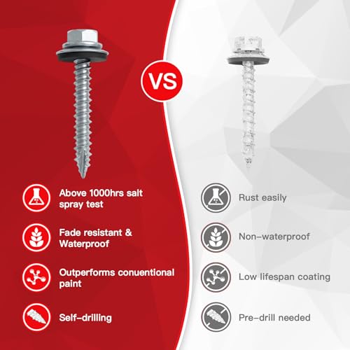 #10 x 1-1/2" Metal Roofing Screws with EPDM Washer, Hex Head Self Drilling Roof Screws, Zinc Plated, 150 Pack - size: #10 x 1-1/2"