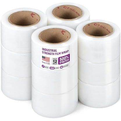 3" x 1000' Industrial Strength Stretch Wrap, Ready to Use Pack of 12 Mini Rolls, Clear Plastic Film, 80 Gauge Thick, 500% Elongation – Heavy-Duty Shrink Wrap for Moving, Packing - color: 3" Wide, size: Pack of 12