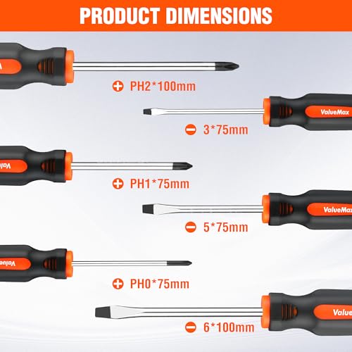 ValueMax 6-Piece Magnetic Screwdriver Set, 3 Phillips and 3 Flat Tip Screwdrivers, Non-slip Handle Screw Driver Set Kit - style: 6 PCS