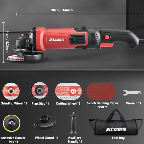 AOBEN 1200W Angle Grinder 4-1/2 inch | 10Amp, 11000 RPM, 7-Speed Corded Power Electric Cut off Tool with Switch Lock | for Heavy Duty Work & Metal Cutting, Grinding & Polishing