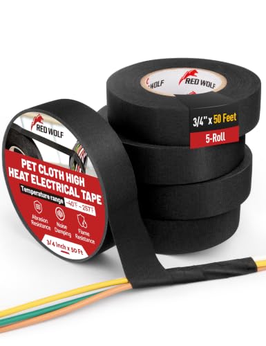RED WOLF Noise Damping PET Electrical Wire Tape 3/4 Inch x 50 Feet, 5-Roll High Heat Abrasion Resistance Self-Adhesive Fabric Cloth Tape Wrap Wiring Loom for Automotive Engines Cable Protection - size: 3/4 inch - 50 Ft (5-Pack)