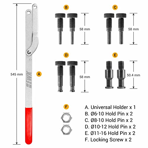 EWK Universal Camshaft Pulley Holder & Fan Clutch Removal Tool Set, Adjustable Sprocket Holding Wrench with 4 Pin Sizes for Timing Belt, Cam Gear & Pulley Service