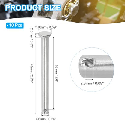 PATIKIL 6 x 70 mm Single Hole Clevis Pins, 10 Pcs 304 Stainless Steel Flat Head Pin for Hitch Pin Lock Link Hinge Systems, Silver - size: 6 x 70 x 66 mm