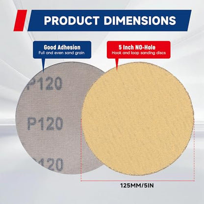 waltyotur 100Pcs Hook and Loop Sanding Discs 5 Inch NO-Hole 120-Grit Sandpaper Sanding Discs Hook and Loop Backing Aluminum Oxide Round Sandpaper for Polishing Accessories - size: 120-Grit, style: 5 Inch