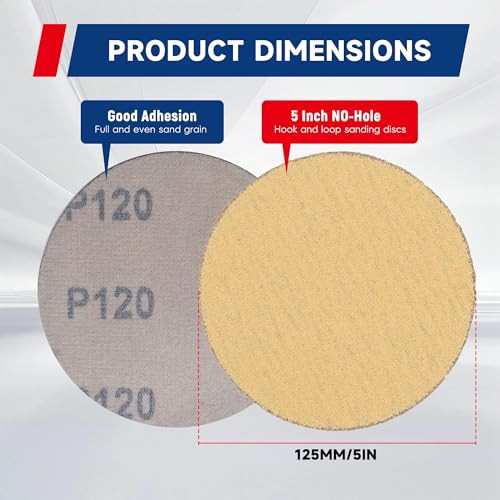 waltyotur 100Pcs Hook and Loop Sanding Discs 5 Inch NO-Hole 120-Grit Sandpaper Sanding Discs Hook and Loop Backing Aluminum Oxide Round Sandpaper for Polishing Accessories - size: 120-Grit, style: 5 Inch
