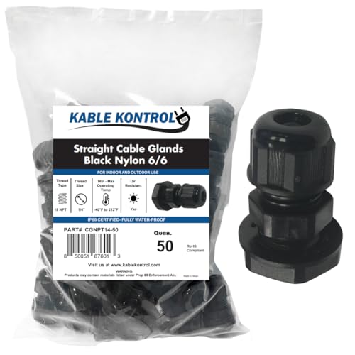Kable Kontrol Nylon Cable Glands 1/4” Straight Gland 18 NPT 50 Pcs Cord Grips, Strain Relief, Waterproof Joint Wire Protectors for Industrial Use, Flame Retardant, RoHS Compliant - size: 0.25" - 18 NPT - 50 Pcs