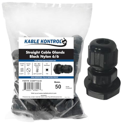 Kable Kontrol Nylon Cable Glands 1/4” Straight Gland 18 NPT 50 Pcs Cord Grips, Strain Relief, Waterproof Joint Wire Protectors for Industrial Use, Flame Retardant, RoHS Compliant - size: 0.25" - 18 NPT - 50 Pcs