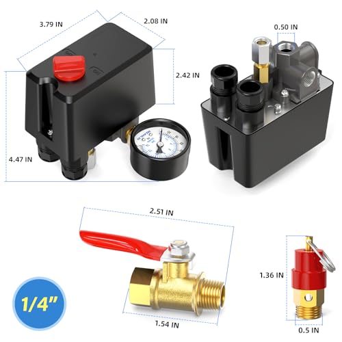 MEANLIN MEASURE Air Compressor Pressure Switch Control Valve 120-150 PSI 110V-240V 4-way Replacement Parts With 0-200 Psi Pressure gauge and Safety Pressure Relief Valve - style: Basic Model