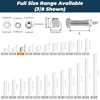 8 Sets Glvaner 3/8-16 x 3/4" Stainless Steel Hex Head Screws Bolts, Nuts, Flat & Lock Washers, 18-8 (304) Stainless Steel, Full Thread, Coarse Thread - size: 3/8-16 x 3/4"