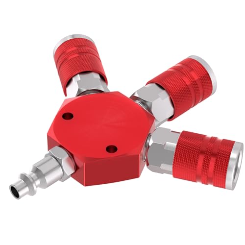 GASHER 1/4" basic body size Aluminum Hex Style 3-Way Air Manifold with 3 Pieces Steel Industrial Coupler and Plug, Air Compressor manifold Hose Accessories Quick Connect Fittings Air Splitter(2-Pack) - style: RED 2PCS