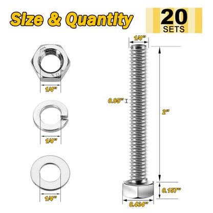 Mywish (20 Sets) 1/4-20x2 Hex Head Assorted Screws Nuts and Bolts with Flat & Lock Washers, 304 Stainless Steel 18-8, Fully Threaded, 1/4 Bolt Metric Bolt Assortment - size: 1/4-20 x 2 (20 set)