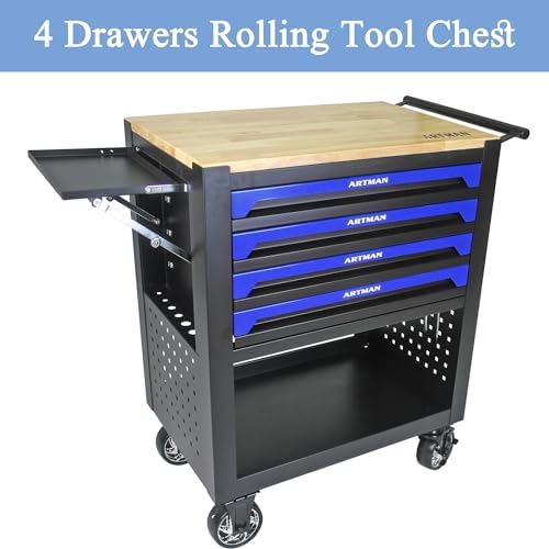 4 Drawers Rolling Tool Cart on Wheels, Wood Countertop Heavy Duty Tool Chest with Adjustable Shelf, Locking System, Rolling Tool Cabinet Trolley for Garage,Warehouses,Repair Shops (Blue) - color: Blue