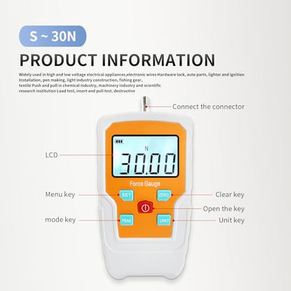 Digital Force Gauge Push and Pull Meter Dynamometer Tension Pressure Tester Thrust Meter Compression Load Plug Force Destructive Tests 30N/3kg/6.5lb/108Oz - size: 6.5LB 30N