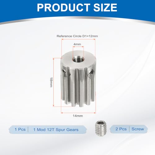 uxcell 1 Mod 12T Spur Gear 4mm Bore, 304 Stainless Steel Pinion Gear - size: 1 Mod 12T, 4mm
