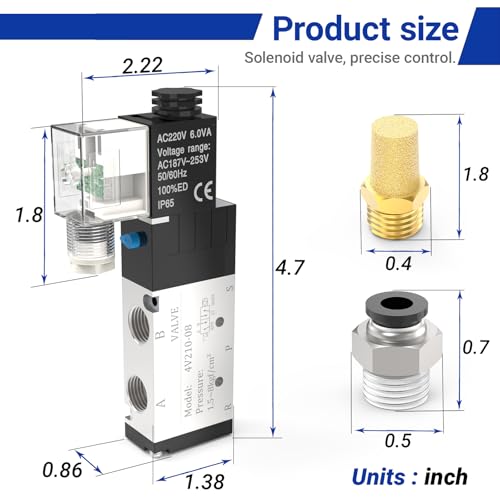 4V210-08 5-Way/2-Position Electric Solenoid Valve 1/4"NPT – Pilot-Operated AC220V, Aluminum Body with Lampshade Junction Box - size: AC220V-Junction Box