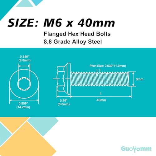 M6 x 40mm 20pcs Flanged Hex Head Bolts, M6 x 1.0 Bolts, Flange Hexagon Head Screws, 8.8 Grade Alloy Steel, Yellow Zinc Plated, Metric Fully Thread - size: M6 x 40mm(20PCS)