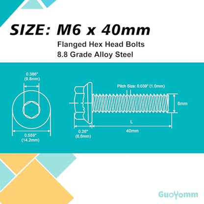 M6 x 40mm 20pcs Flanged Hex Head Bolts, M6 x 1.0 Bolts, Flange Hexagon Head Screws, 8.8 Grade Alloy Steel, Yellow Zinc Plated, Metric Fully Thread - size: M6 x 40mm(20PCS)