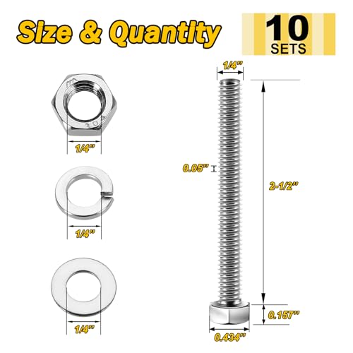 Mywish (10 Sets) 1/4-20x2-1/2 Hex Head Assorted Screws Nuts and Bolts with Flat & Lock Washers, 304 Stainless Steel 18-8, Fully Threaded, 1/4 Bolt Metric Bolt Assortment - size: 1/4-20 x 2-1/2 (10 set)