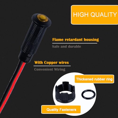 5pcs 8mm LED Indicator Light Plastic Black Signal Dot Lamp 12V-24V 5/16" Mounting Hole Size with 15cm/5.9in. Wire (Yellow LED) - color: Yellow, size: 8mm 12-24V