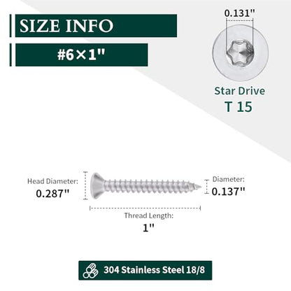 #6 x 1 Flat Head Torx Drive Self Tapping Screws for Wood and Sheet Metal, 304 Stainless Steel 18-8, Corrosion Resistant Countersunk Star Drive Head Screws, Pack of 100 - size: #6 x 1"