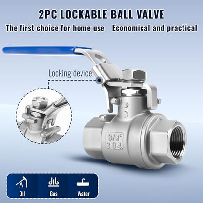 2 Pack 3/8'' Ball Valves NPT Female Stainless Steel 304 Full Port Ball Valve with Locking Handle, Heavy Duty Shut Off Valve for Home and Industrial(3/8 Inch) - size: 3/8 Inch