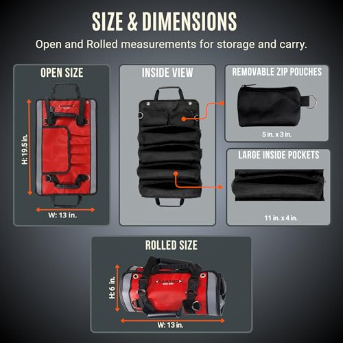 Roll up tool bag, Reflective Strips, Waterproof, 1680D, Red/Black