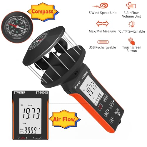 BTMETER Cup Anemometer CFM Air Flow Meter with 360° Cup Sensor & Direction - color: Black