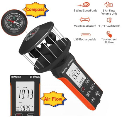 BTMETER Cup Anemometer CFM Air Flow Meter with 360° Cup Sensor & Direction - color: Black