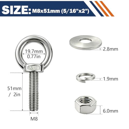 4 Pack M8 Stainless Steel Eye Bolts with Nuts, 5/16"x2" Long Lifting Ring Eye Bolt,Eye Bolts Heavy Duty for Hang Tie Down Outdoor (4, M8x51mm (5/16"x2")) - size: M8x51mm (5/16"x2")