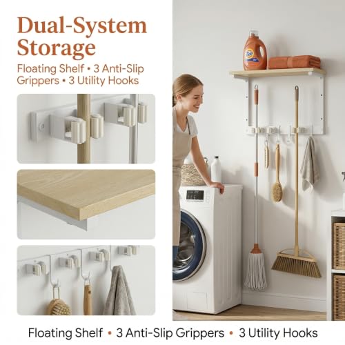 Upgraded Broom Holder Wall Mount with Shelf, Mop and Broom Organizer Wall Hanging, Cleaning Supplies Organizer (small) - size: small